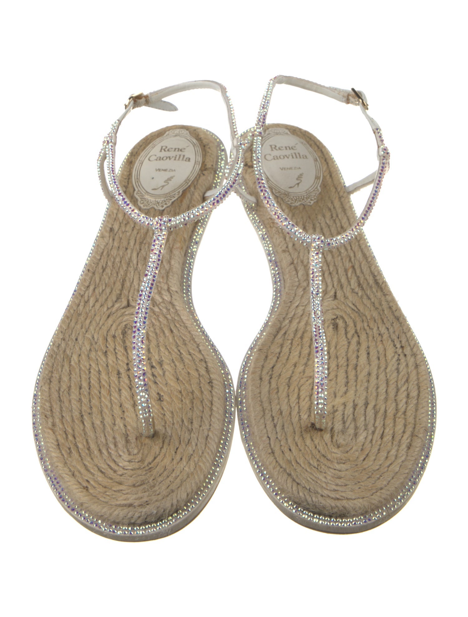René Caovilla Jute Crystal Embellishments T-Strap Sandals